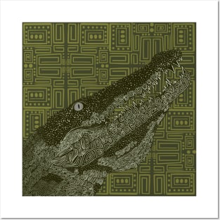 Green Crocodile on a Geometrical Pattern Posters and Art